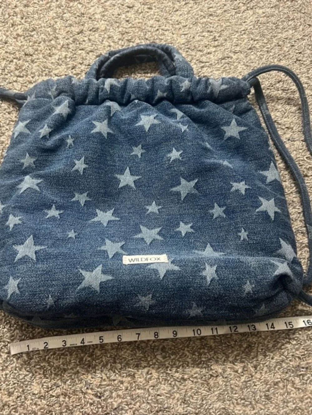 Wildfox Blue Star-Printed Denim Drawstring Summer Bag/Backpack. 15